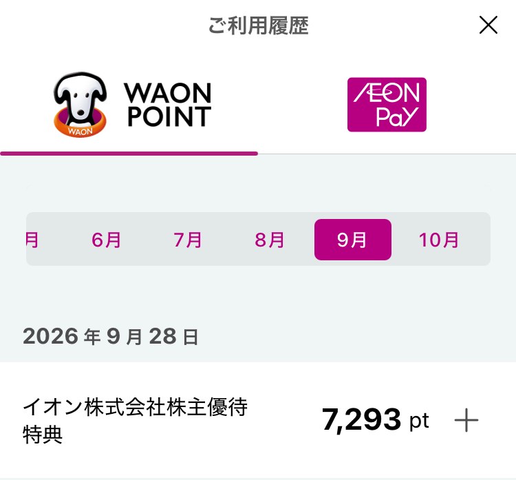 iAEONアプリのWAON POINTご利用履歴。2026年9月28日に「イオン株式会社株主優待特典 7,293pt」と表示されている