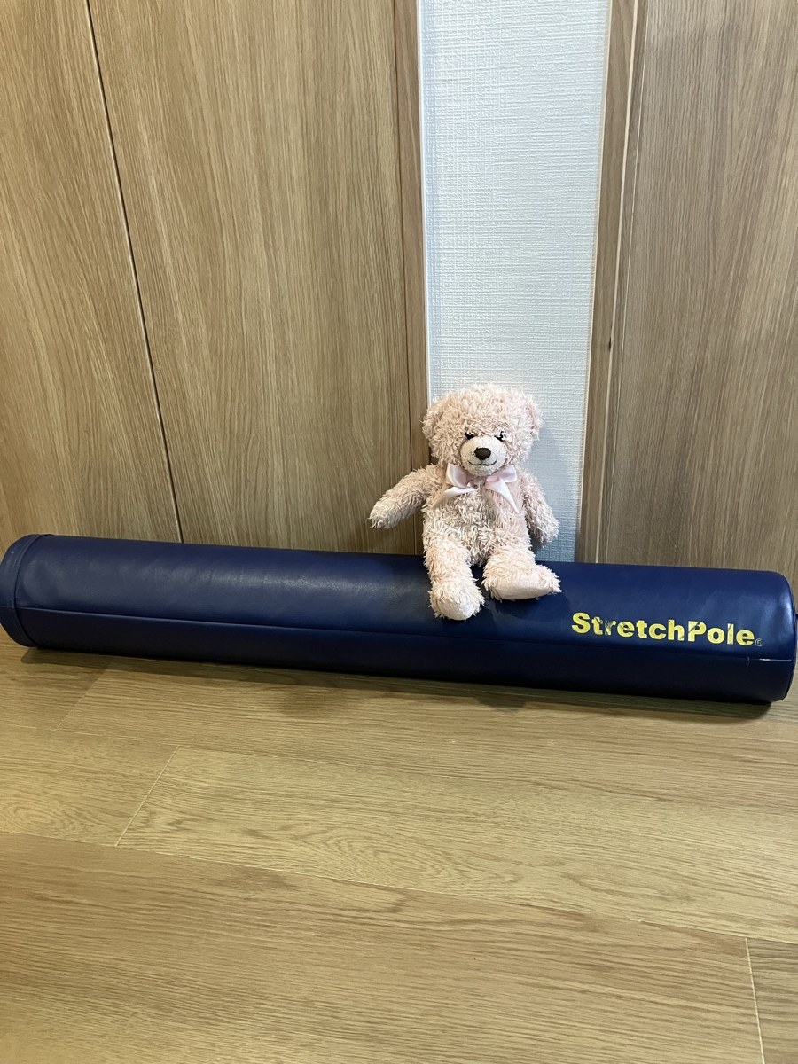 20年使っている紺色のストレッチポール。黄色いStretchPoleのロゴが入っている